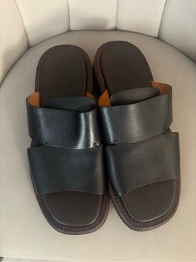 Men's Double-Band Leather Slide Sandals in Dark Brown